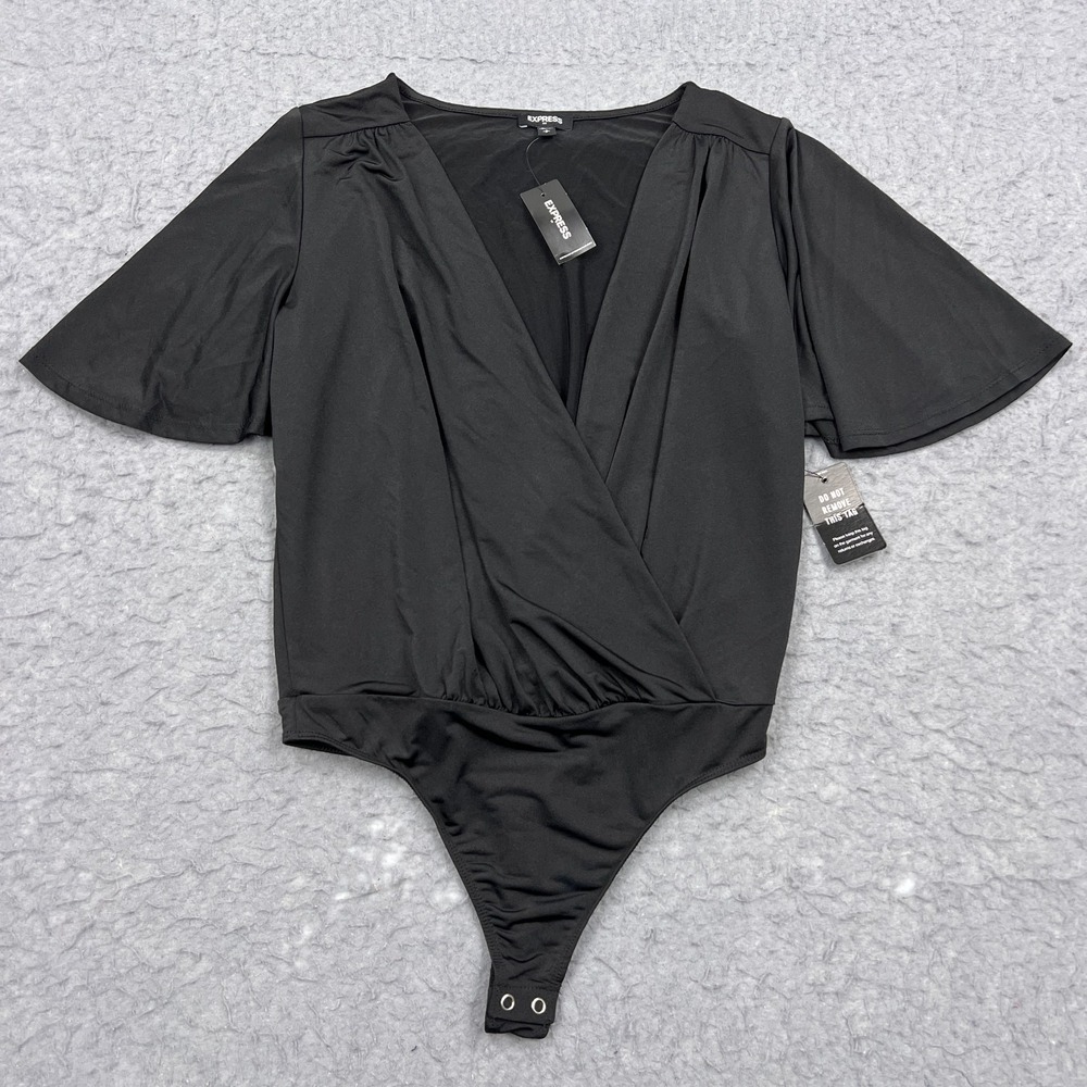 NEW Express Bodysuit Women's Small Black Flutter Sleeve V-Neck One Piece Thong
